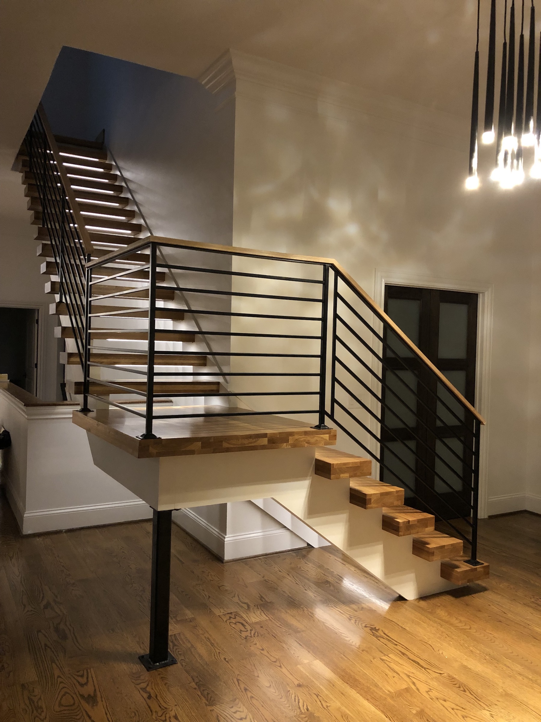 contemporary iron stair railing wooden stair treads