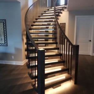 LED Lights on Curved Staircases for Custom Homes